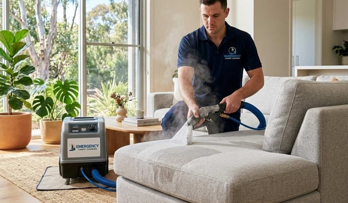 A technician uses a hot water extraction machine on a light grey fabric couch in a bright, modern Australian home.