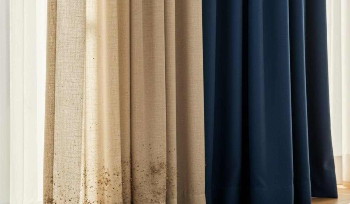 A close-up side-by-side view showing a frayed, yellowed, and damaged curtain panel next to a pristine, vibrant, and clean blue curtain panel.