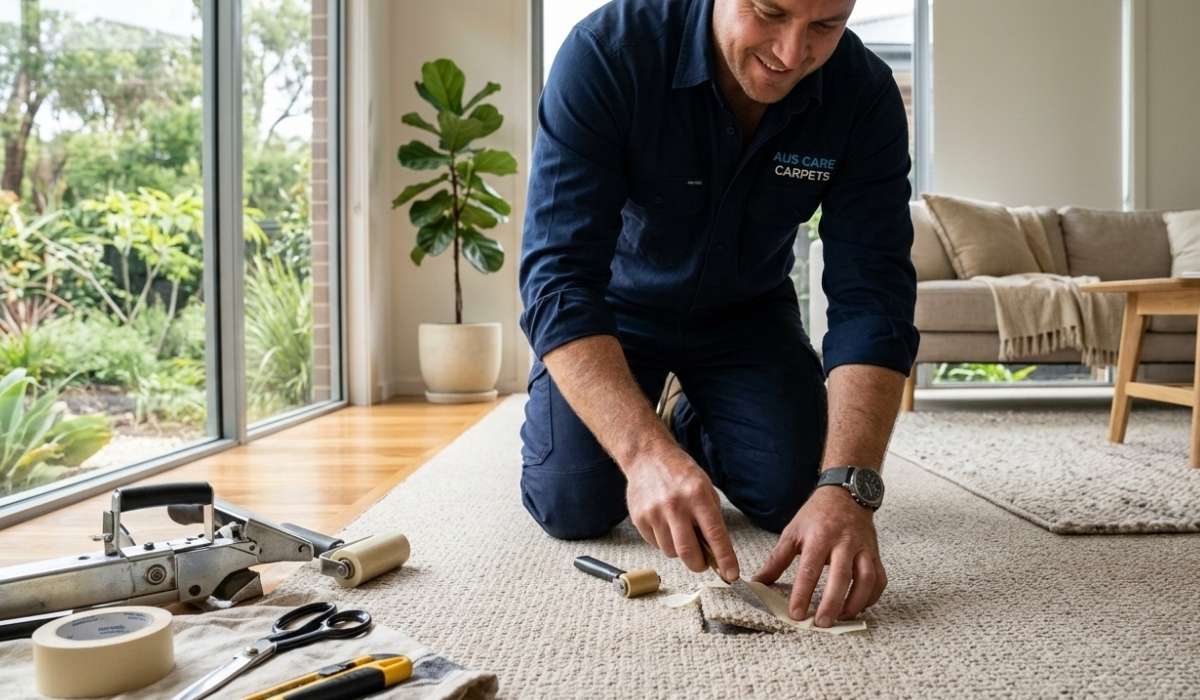 A technician in a navy uniform repairs a damaged section of beige carpet using a precision knife and seam roller in a sunlit living room.